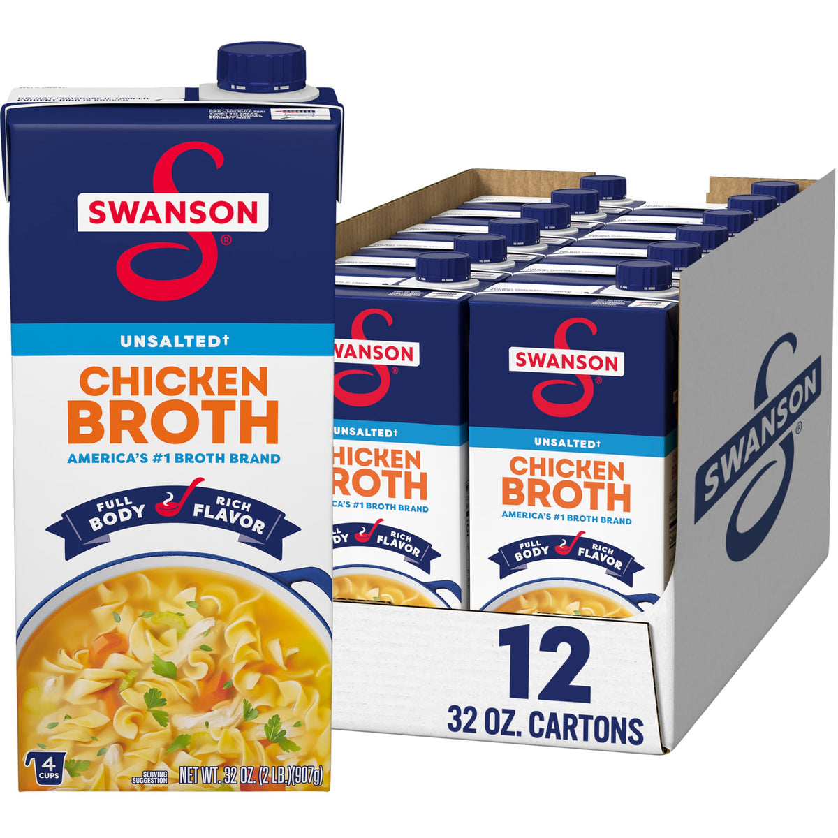 SWANSON S 100% Natural Unsalted Chicken Broth – 12 Cartons, 32 oz Each