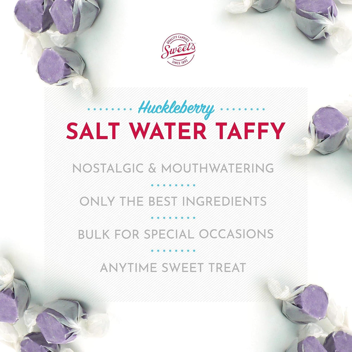 Sweet Candy Company Salt Water Taffy – Huckleberry Flavor, 3 lb Bulk, Individually Wrapped