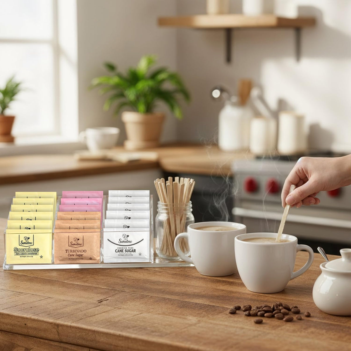 Sweetmo Sugar Packets Variety Pack – 300 Count with Wooden Stirrers | Sucralose, Raw Sugar, Saccharin, Cane Sugar