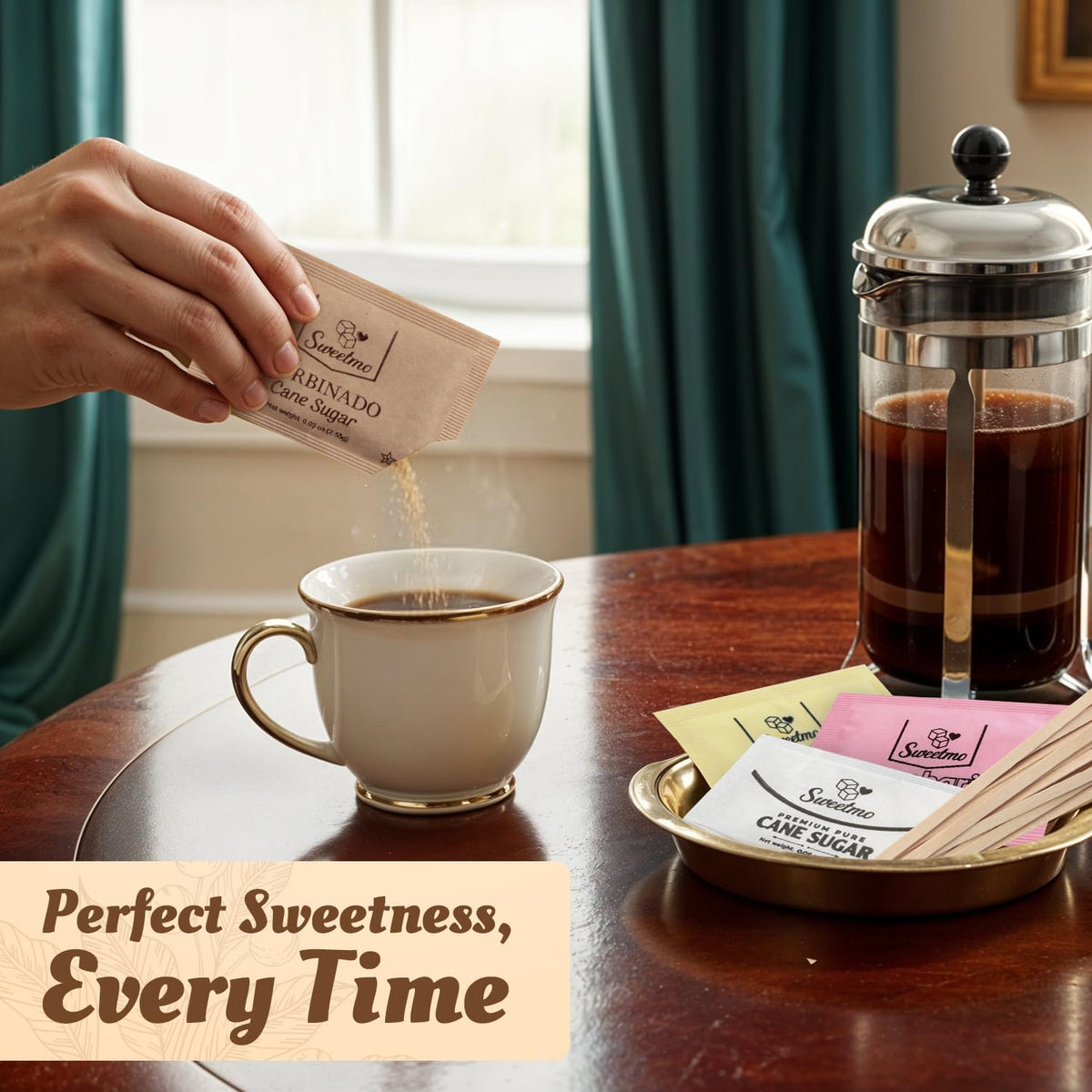 Sweetmo Sugar Packets Variety Pack – 300 Count with Wooden Stirrers | Sucralose, Raw Sugar, Saccharin, Cane Sugar