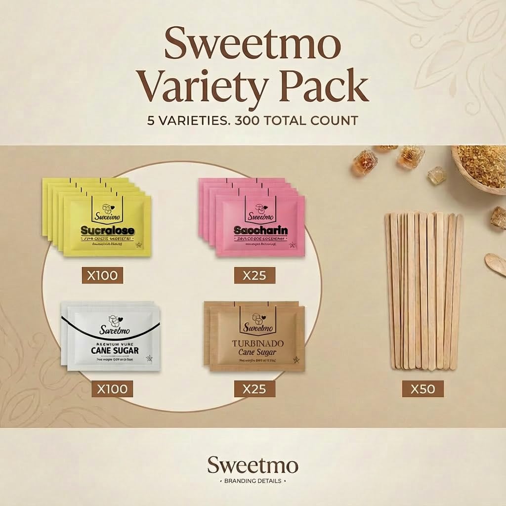 Sweetmo Sugar Packets Variety Pack – 300 Count with Wooden Stirrers | Sucralose, Raw Sugar, Saccharin, Cane Sugar