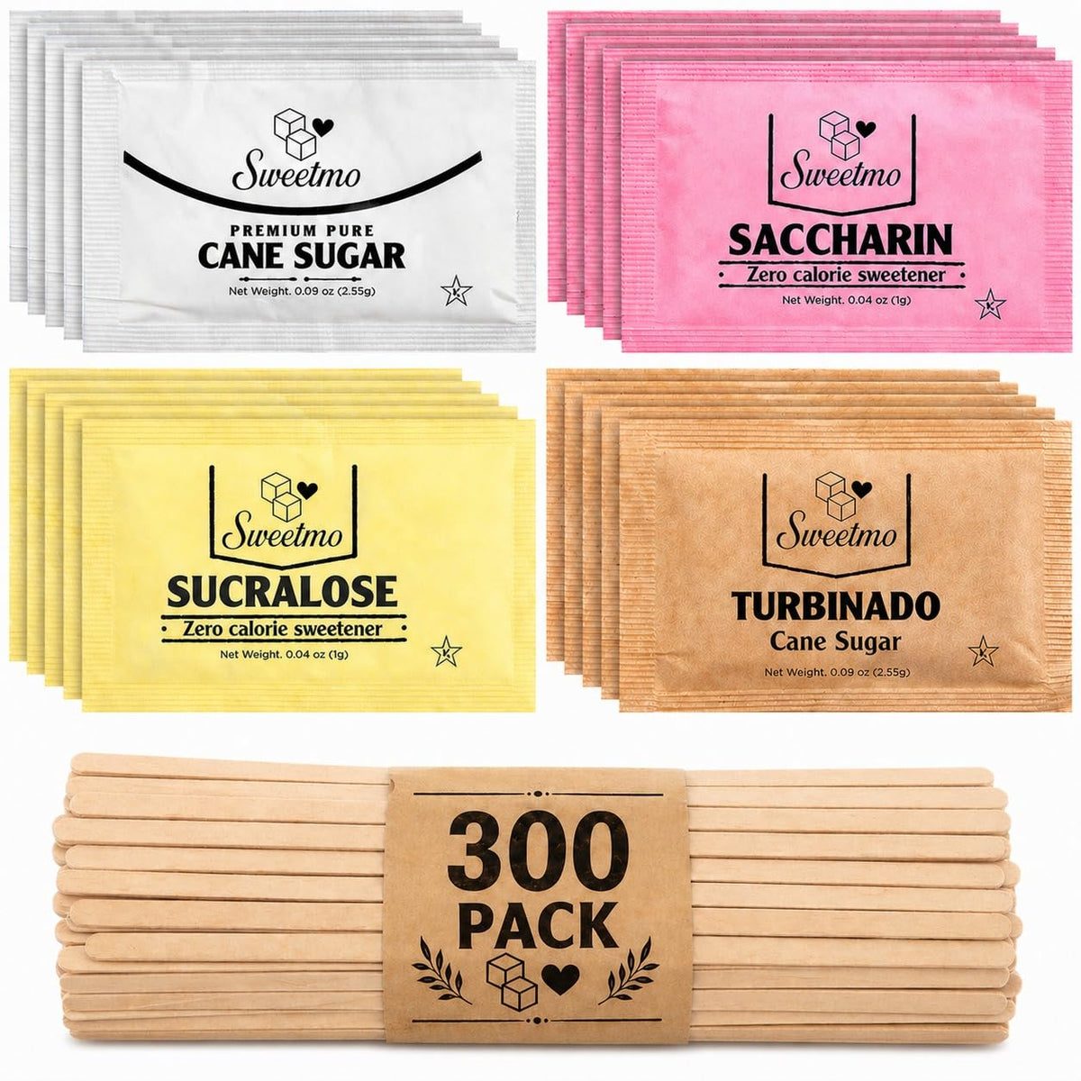 Sweetmo Sugar Packets Variety Pack – 300 Count with Wooden Stirrers | Sucralose, Raw Sugar, Saccharin, Cane Sugar