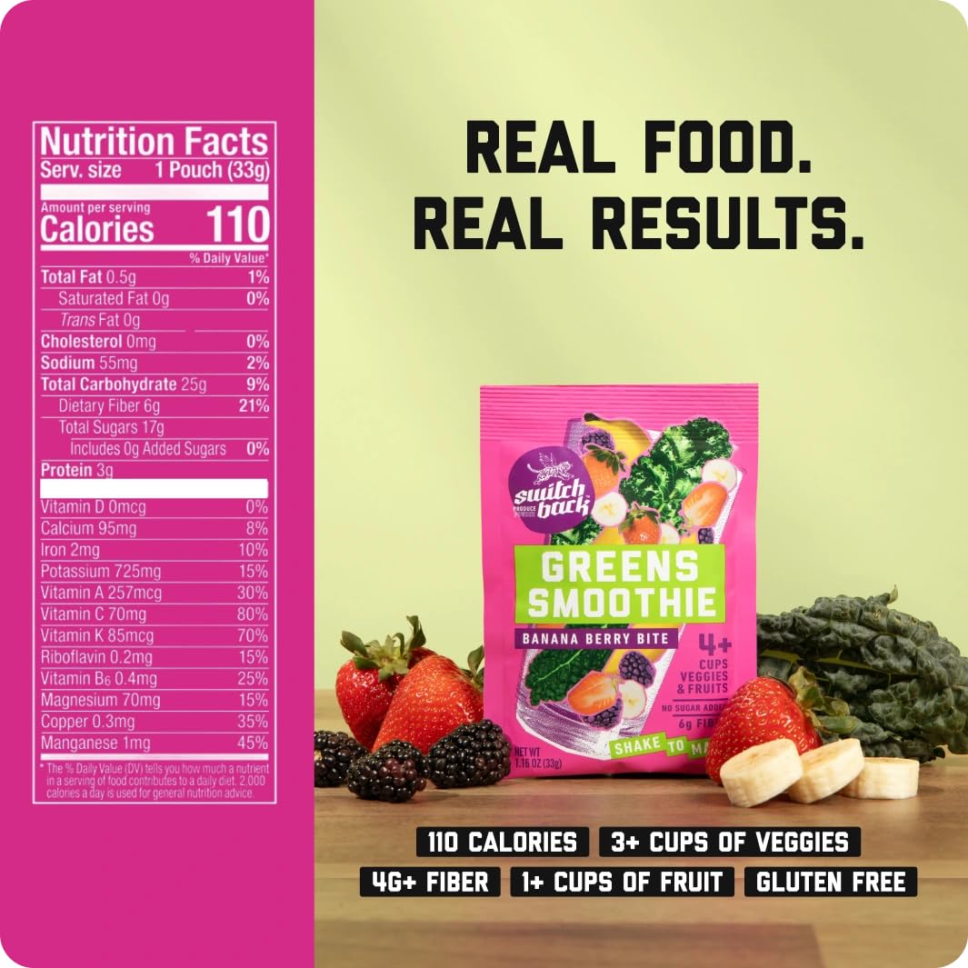 Switchback Whole Food Greens Smoothie Powder Mix (7-Pack) | No Algae Taste, No Added Sugar, Clump-Free On-The-Go Packets