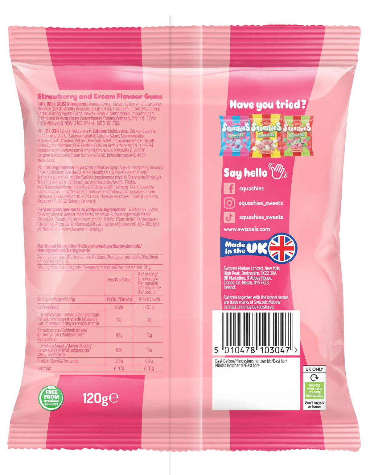 Swizzels Squashies Strawberry & Cream 120g – Pack of 6 | Soft Chewy, Gluten-Free