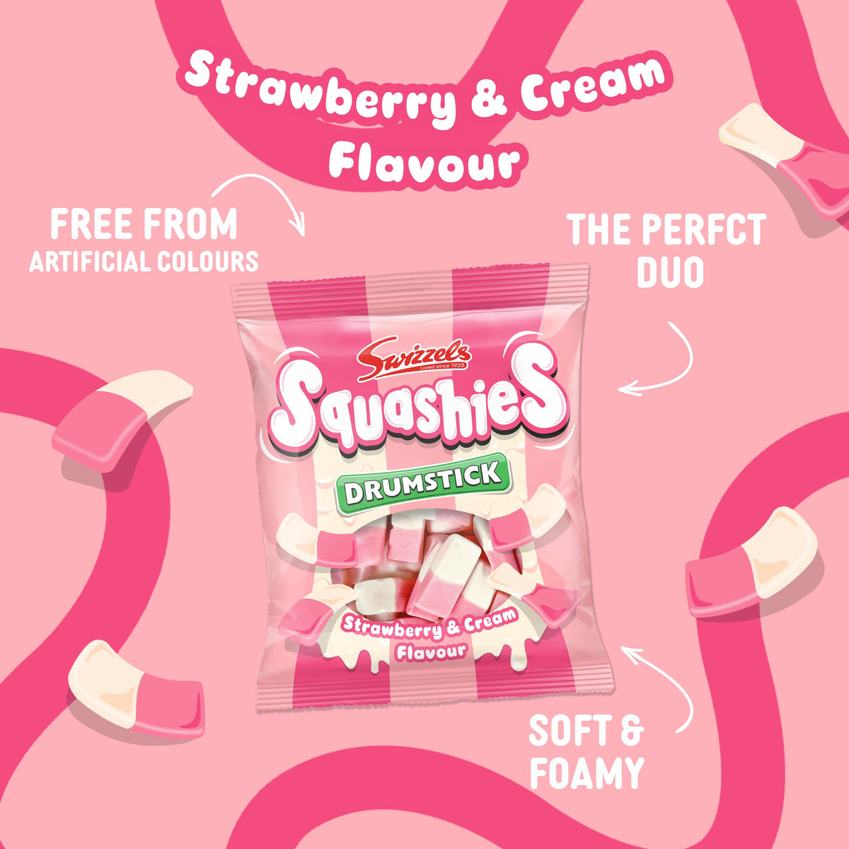 Swizzels Squashies Strawberry & Cream 120g – Pack of 6 | Soft Chewy, Gluten-Free