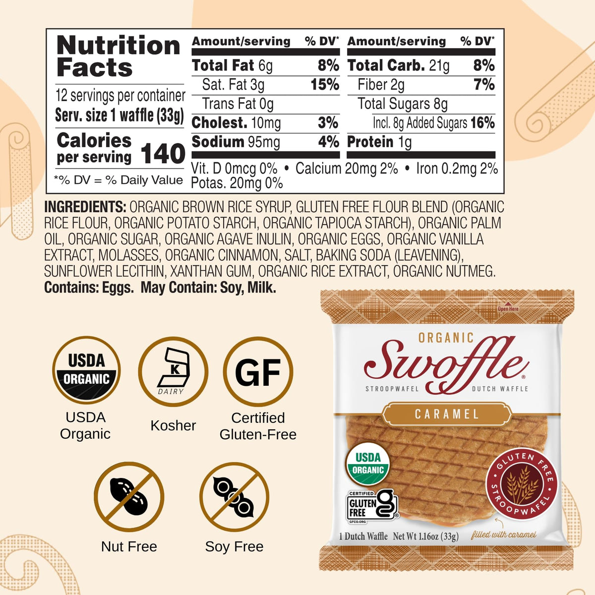 Swoffle Gluten-Free Organic Caramel Stroopwafels – 12 Wafers, Non-GMO, Kosher, Dairy-Free