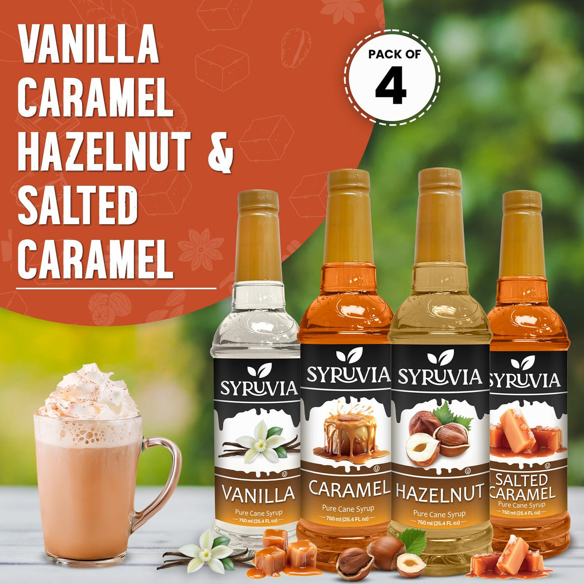 SYRUVIA Coffee Syrup Variety Pack – Vanilla, Caramel, Hazelnut & Salted Caramel, 25.4 fl oz Kosher