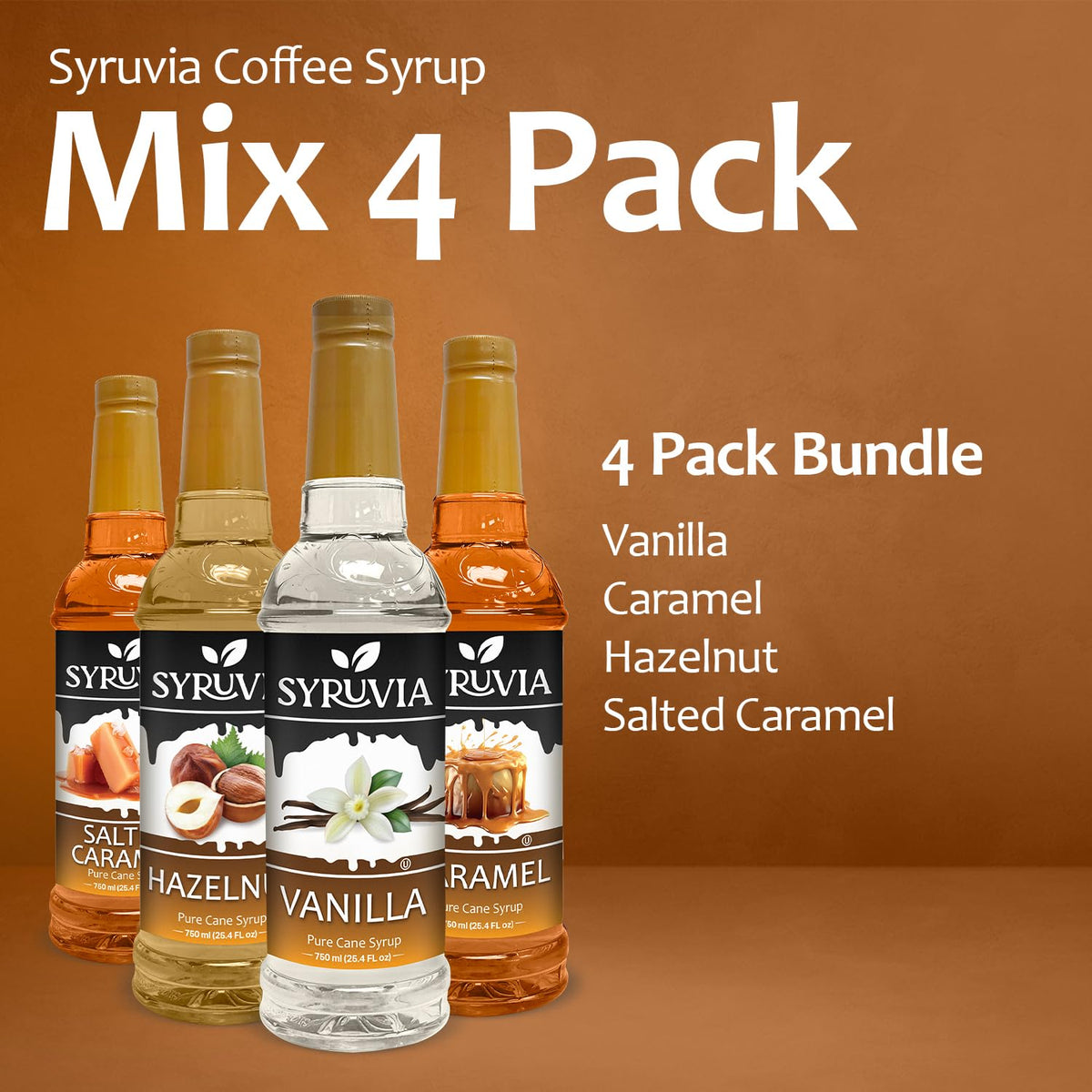 SYRUVIA Coffee Syrup Variety Pack – Vanilla, Caramel, Hazelnut & Salted Caramel, 25.4 fl oz Kosher