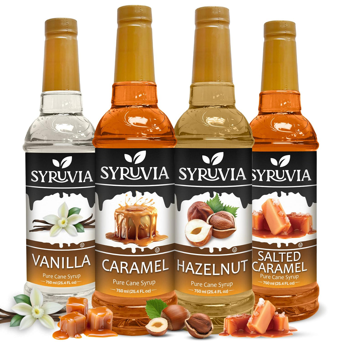 SYRUVIA Coffee Syrup Variety Pack – Vanilla, Caramel, Hazelnut & Salted Caramel, 25.4 fl oz Kosher