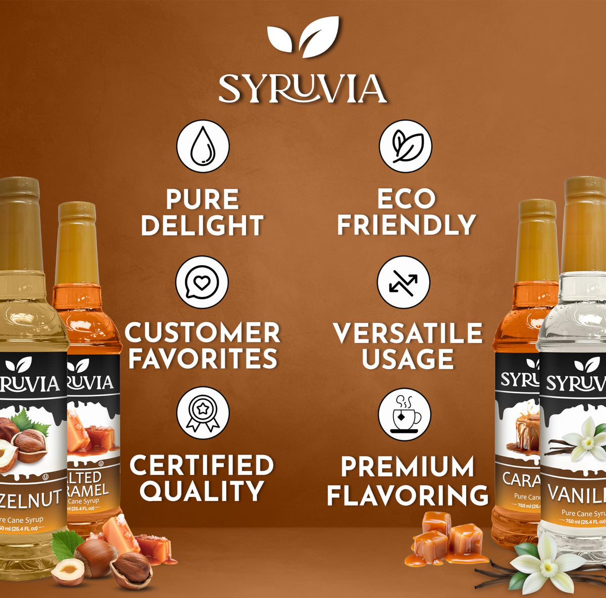 SYRUVIA Coffee Syrup Variety Pack – Vanilla, Caramel, Hazelnut & Salted Caramel, 25.4 fl oz Kosher