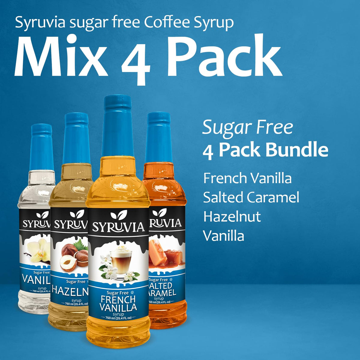 SYRUVIA Sugar Free Coffee Syrup Variety Pack – 4 Flavors, 25.4 oz Bottles, Gluten Free & Kosher