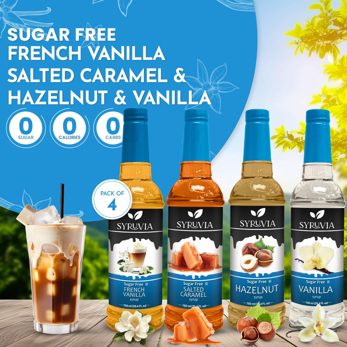 SYRUVIA Sugar Free Coffee Syrup Variety Pack – 4 Flavors, 25.4 oz Bottles, Gluten Free & Kosher