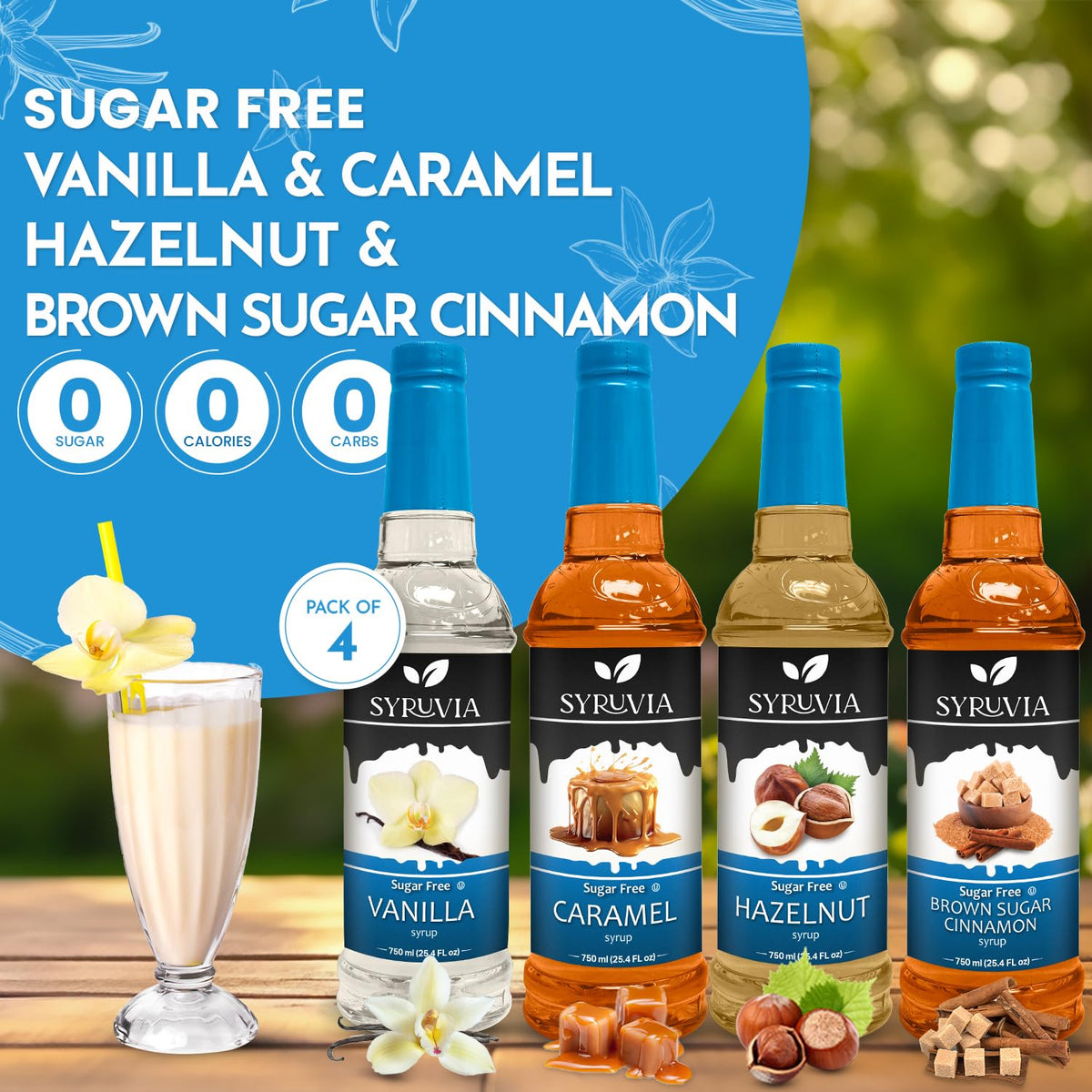SYRUVIA Sugar Free Coffee Syrup Variety Pack – Vanilla, Caramel, Hazelnut, Brown Sugar Cinnamon | Gluten Free, Kosher, 25.4 oz