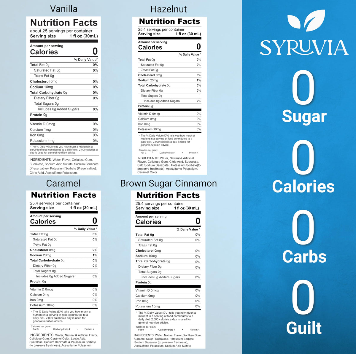 SYRUVIA Sugar Free Coffee Syrup Variety Pack – Vanilla, Caramel, Hazelnut, Brown Sugar Cinnamon | Gluten Free, Kosher, 25.4 oz