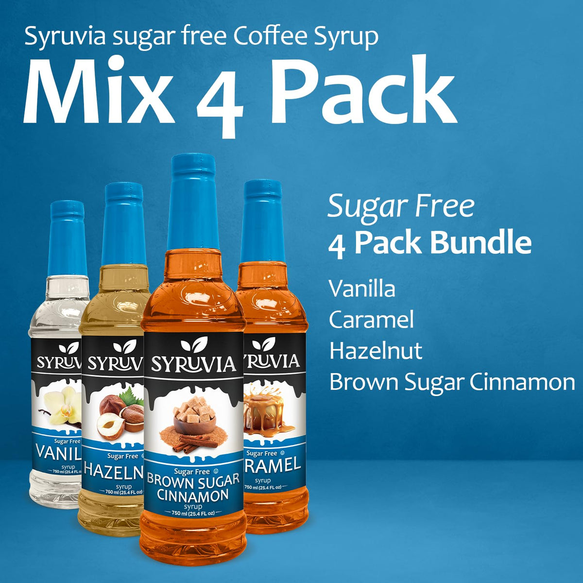 SYRUVIA Sugar Free Coffee Syrup Variety Pack – Vanilla, Caramel, Hazelnut, Brown Sugar Cinnamon | Gluten Free, Kosher, 25.4 oz