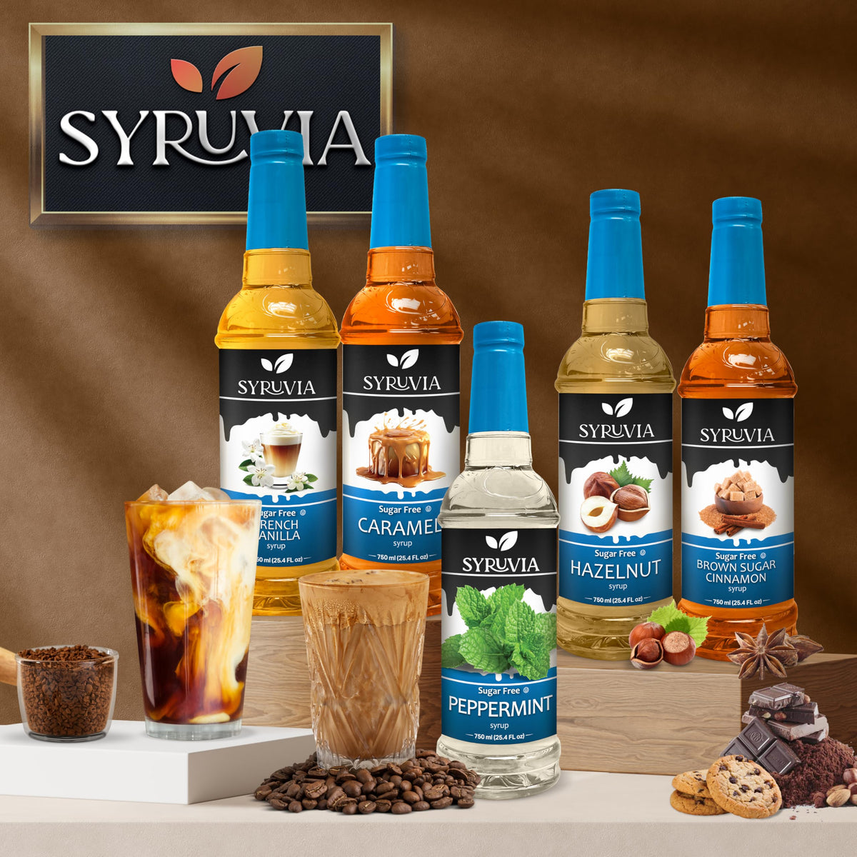 SYRUVIA Sugar Free Coffee Syrup Variety Pack – Vanilla, Caramel, Hazelnut, Brown Sugar Cinnamon | Gluten Free, Kosher, 25.4 oz