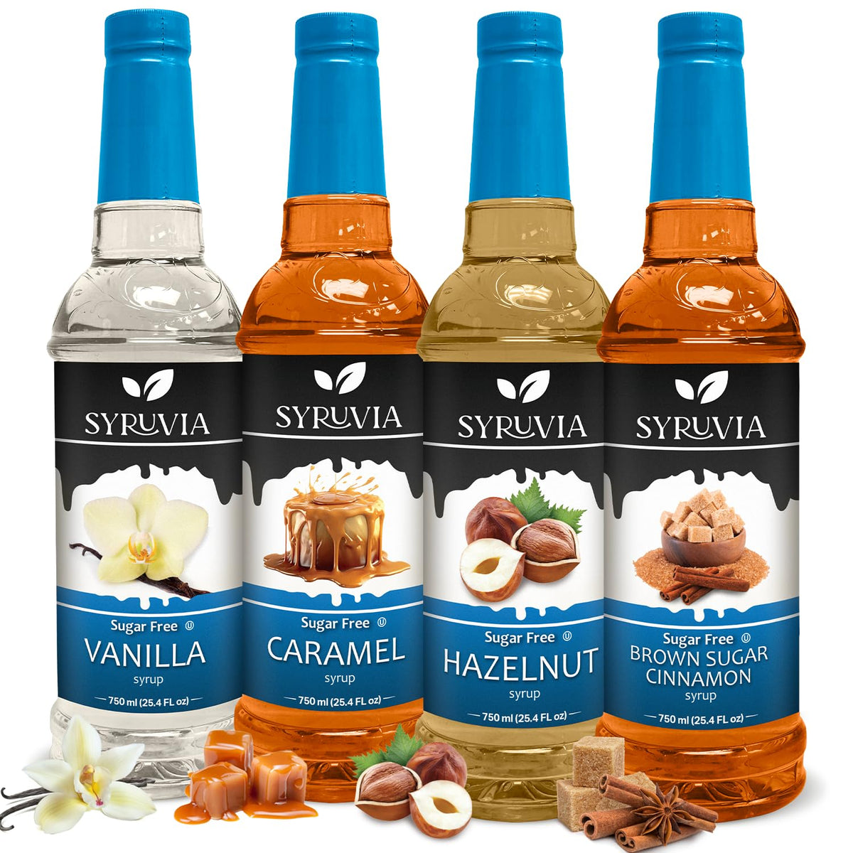 SYRUVIA Sugar Free Coffee Syrup Variety Pack – Vanilla, Caramel, Hazelnut, Brown Sugar Cinnamon | Gluten Free, Kosher, 25.4 oz