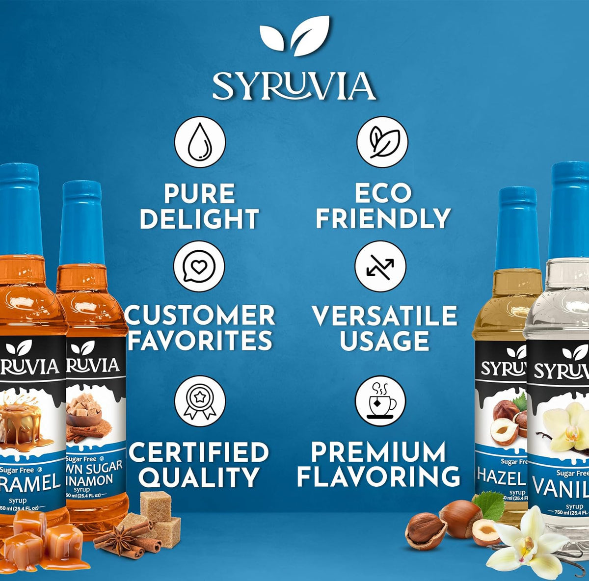 SYRUVIA Sugar Free Coffee Syrup Variety Pack – Vanilla, Caramel, Hazelnut, Brown Sugar Cinnamon | Gluten Free, Kosher, 25.4 oz