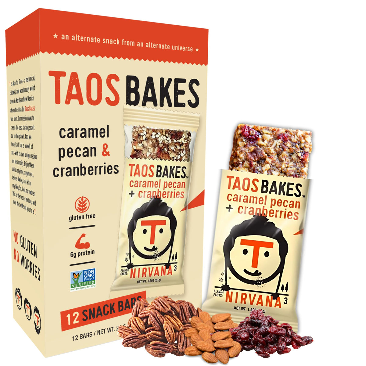 T Taos Bakes Caramel Pecan + Cranberries Breakfast Bars – 12 Pack, Gluten Free, 5g Fiber