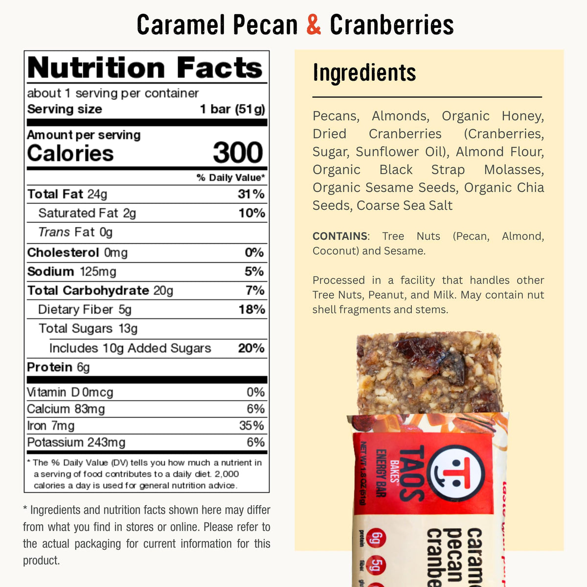 T Taos Bakes Caramel Pecan + Cranberries Breakfast Bars – 12 Pack, Gluten Free, 5g Fiber