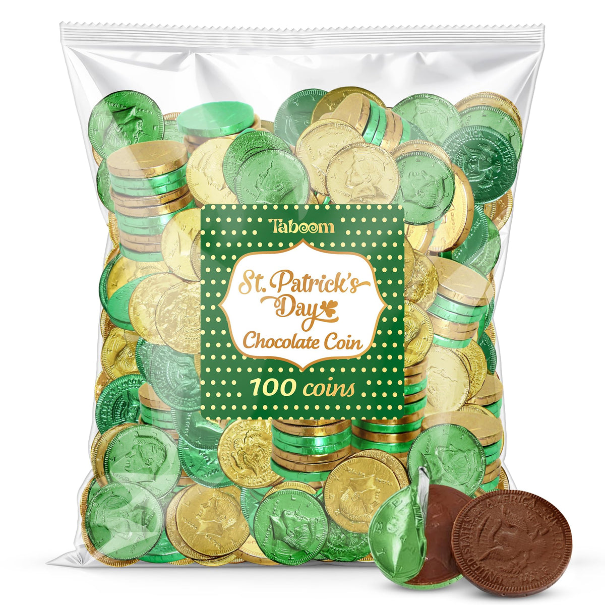 Taboom Belgian Milk Chocolate Coins – Gold & Green, 100-Count Bulk Pack for St. Patrick's Day