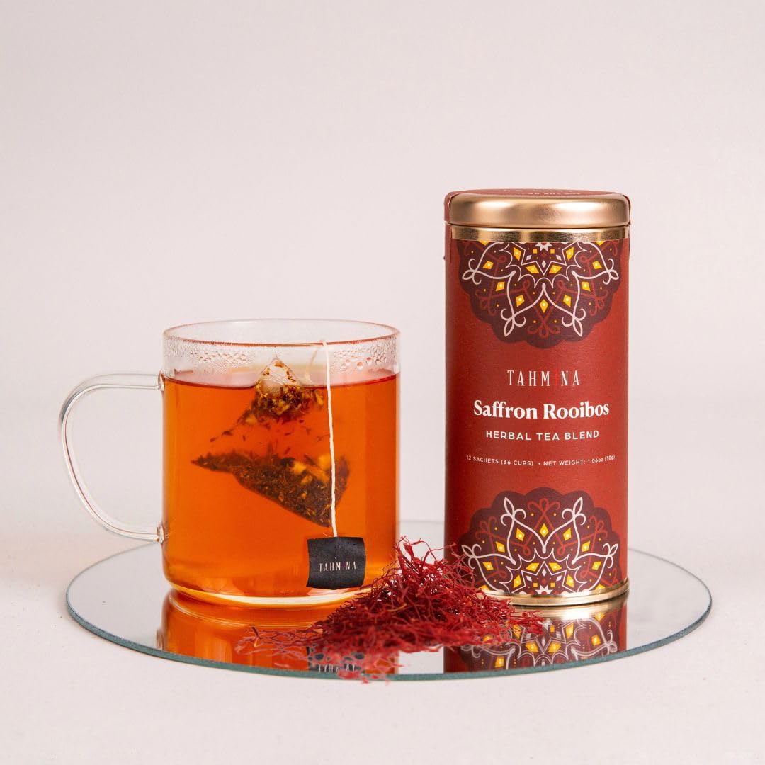 Tahmina Saffron Rooibos Tea – Caffeine-Free Herbal Blend, 12 Pyramid Bags, 36 Cups