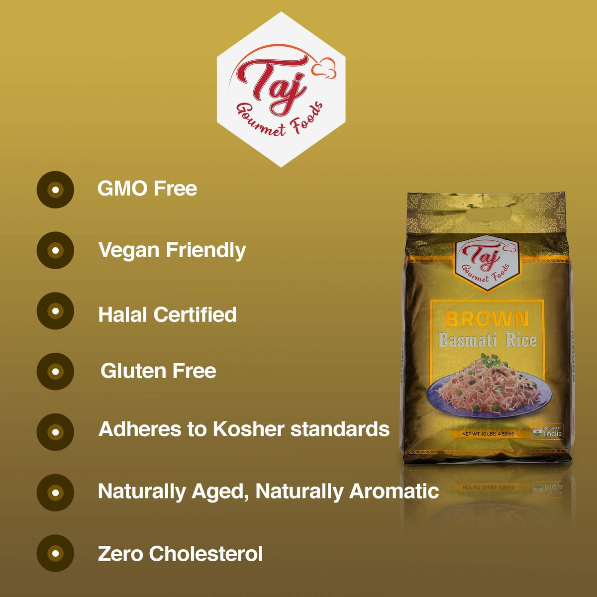 TAJ Gourmet Brown Basmati Rice, Naturally Aged – 10 lb