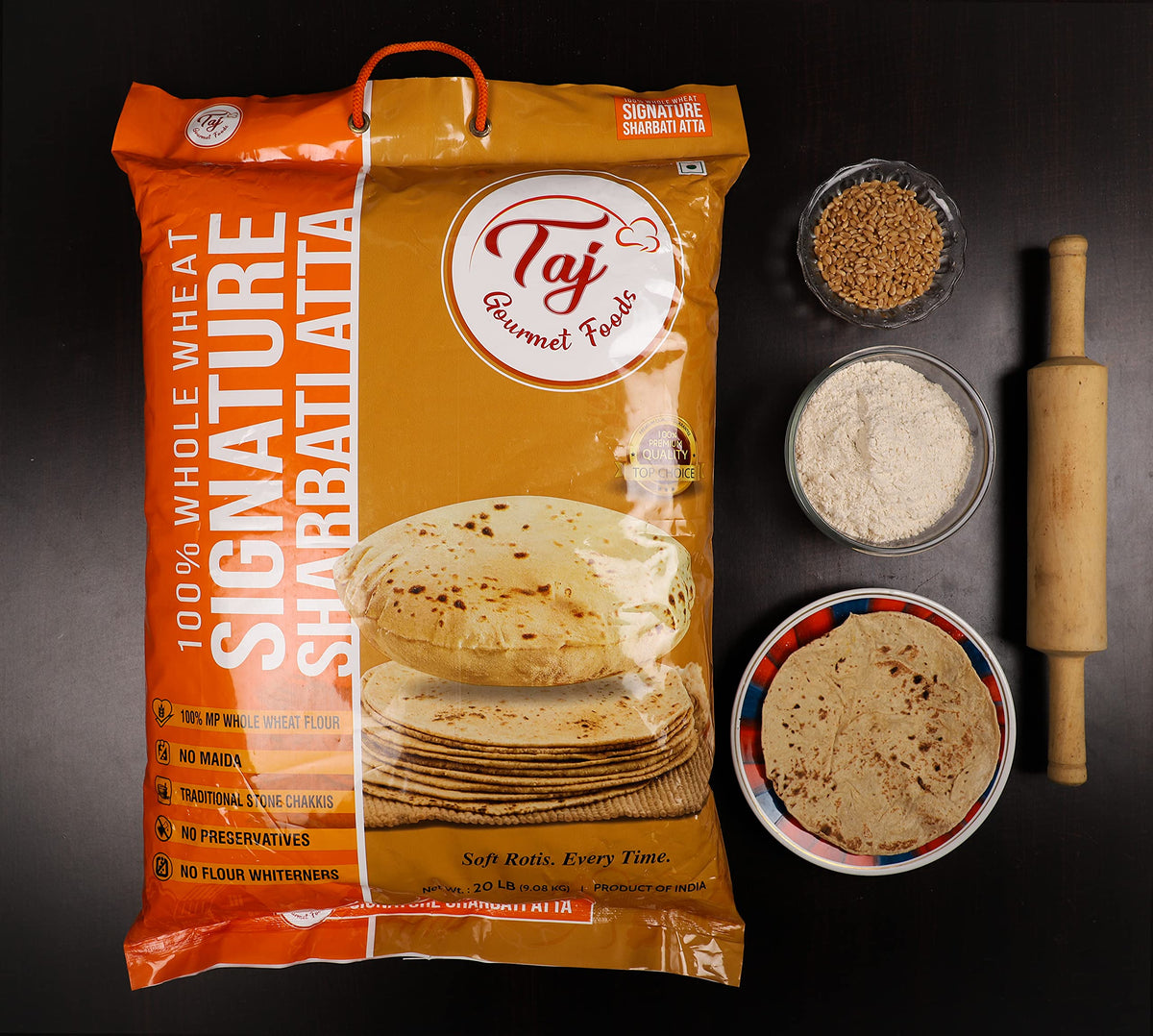 TAJ Signature Sharbati Atta - 10lb Chakki Atta, 100% Whole Wheat Flour