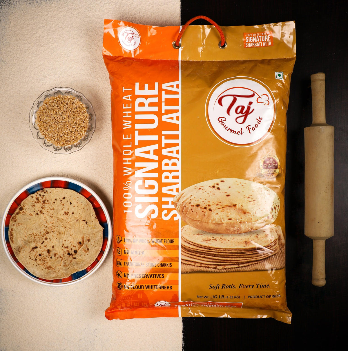 TAJ Signature Sharbati Atta - 10lb Chakki Atta, 100% Whole Wheat Flour