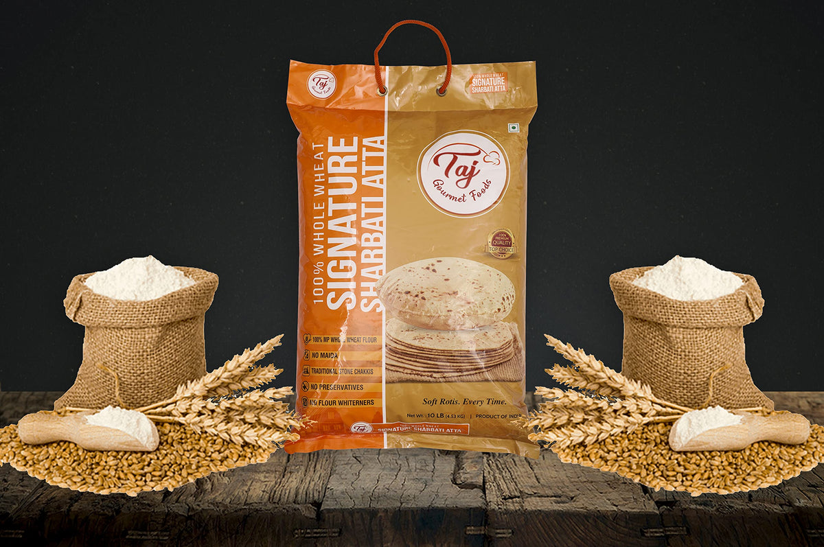 TAJ Signature Sharbati Atta - 10lb Chakki Atta, 100% Whole Wheat Flour