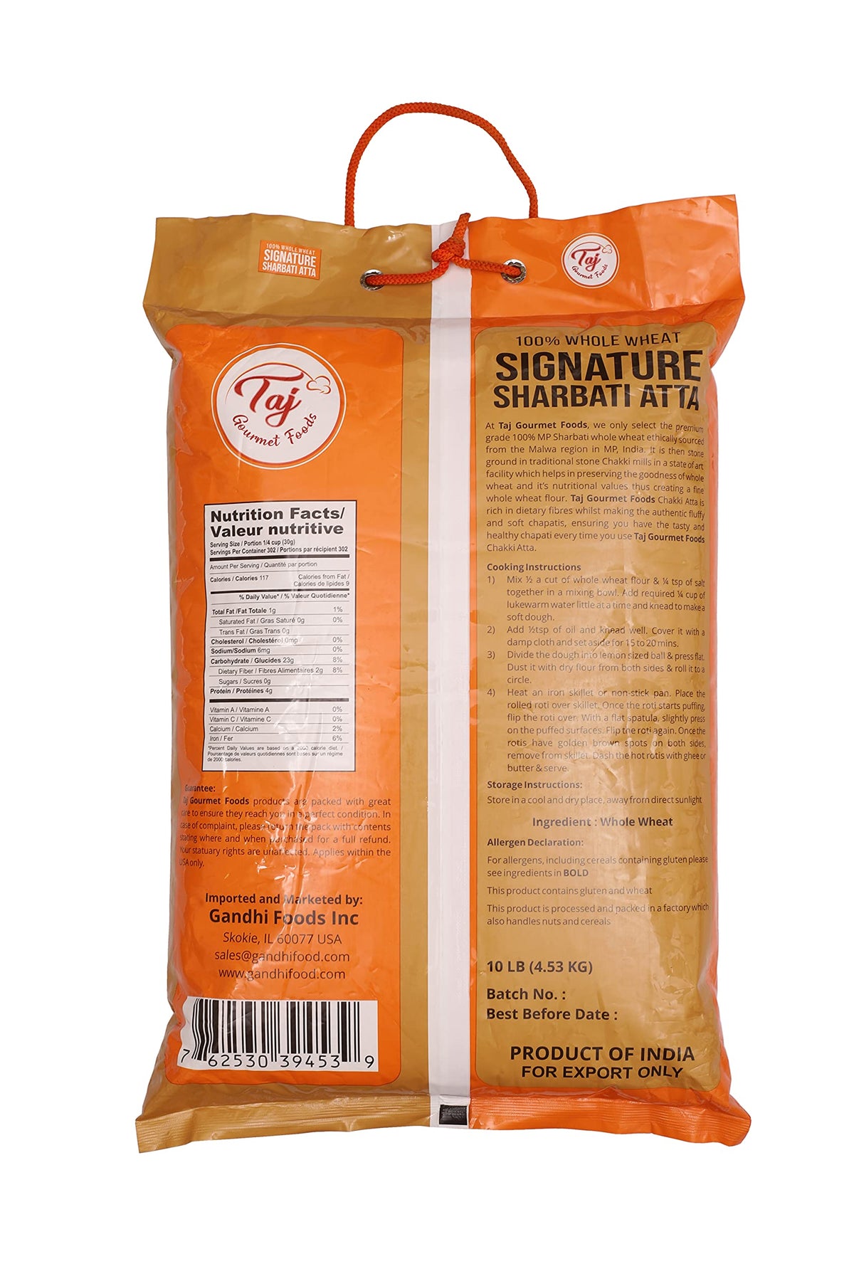 TAJ Signature Sharbati Atta - 10lb Chakki Atta, 100% Whole Wheat Flour