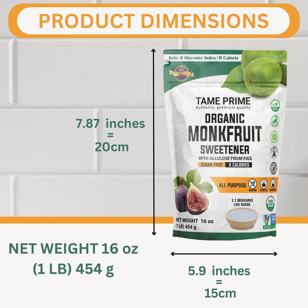 Tame Prime USDA Organic Monkfruit Sweetener with Allulose from Figs, 1 lb (454 g) – 1:1 Sugar Substitute, 0 Calories, 0 Glycemic Index, Keto, No Erythritol