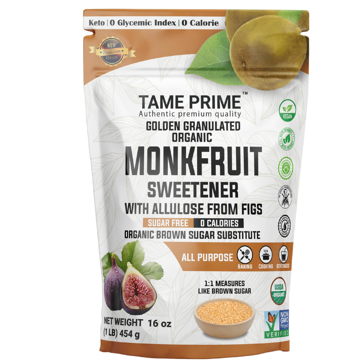 Tame Prime Organic Brown Monkfruit Sweetener with Allulose from Figs — 1 lb (454 g) | 1:1 Sugar Substitution