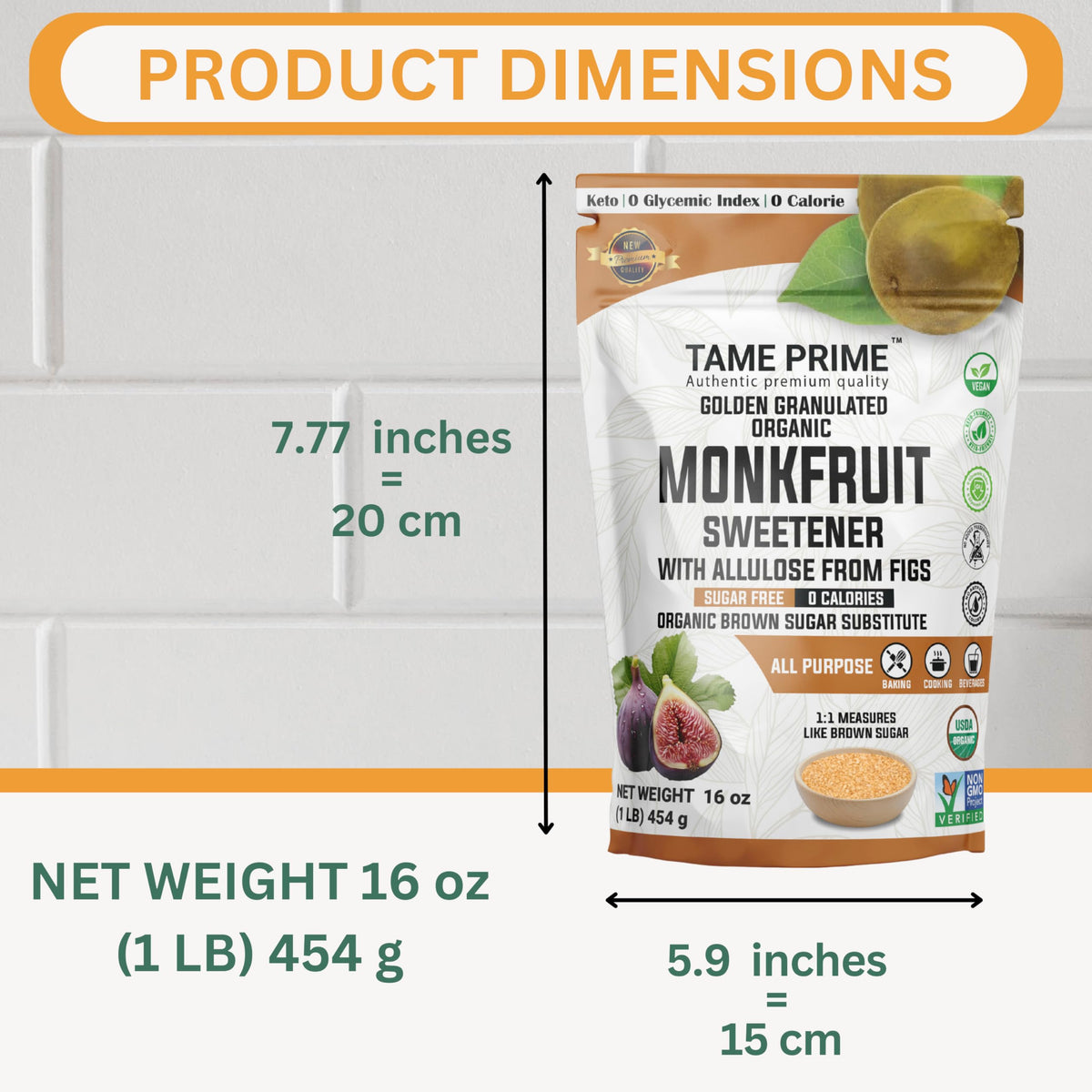 Tame Prime Organic Brown Monkfruit Sweetener with Allulose from Figs — 1 lb (454 g) | 1:1 Sugar Substitution