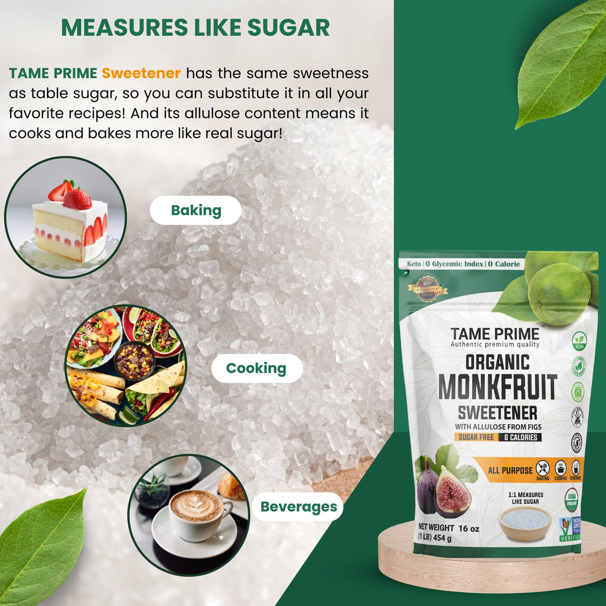 Tame Prime USDA Organic Monkfruit Sweetener with Allulose from Figs, 1 lb (454 g) – 1:1 Sugar Substitute, 0 Calories, 0 Glycemic Index, Keto, No Erythritol