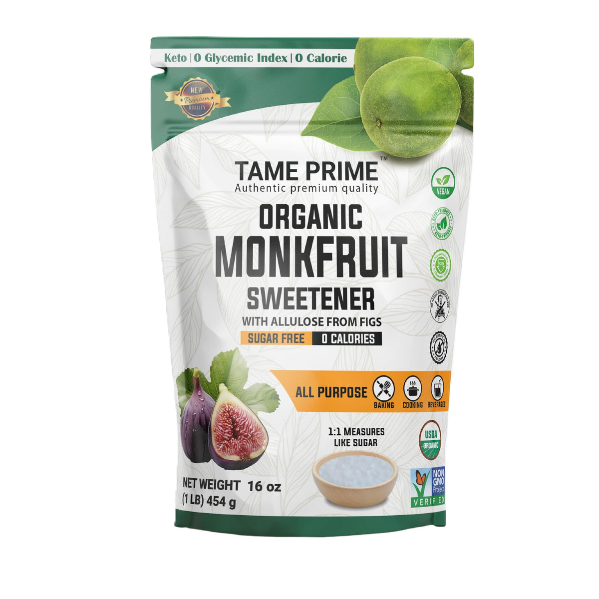 Tame Prime USDA Organic Monkfruit Sweetener with Allulose from Figs, 1 lb (454 g) – 1:1 Sugar Substitute, 0 Calories, 0 Glycemic Index, Keto, No Erythritol