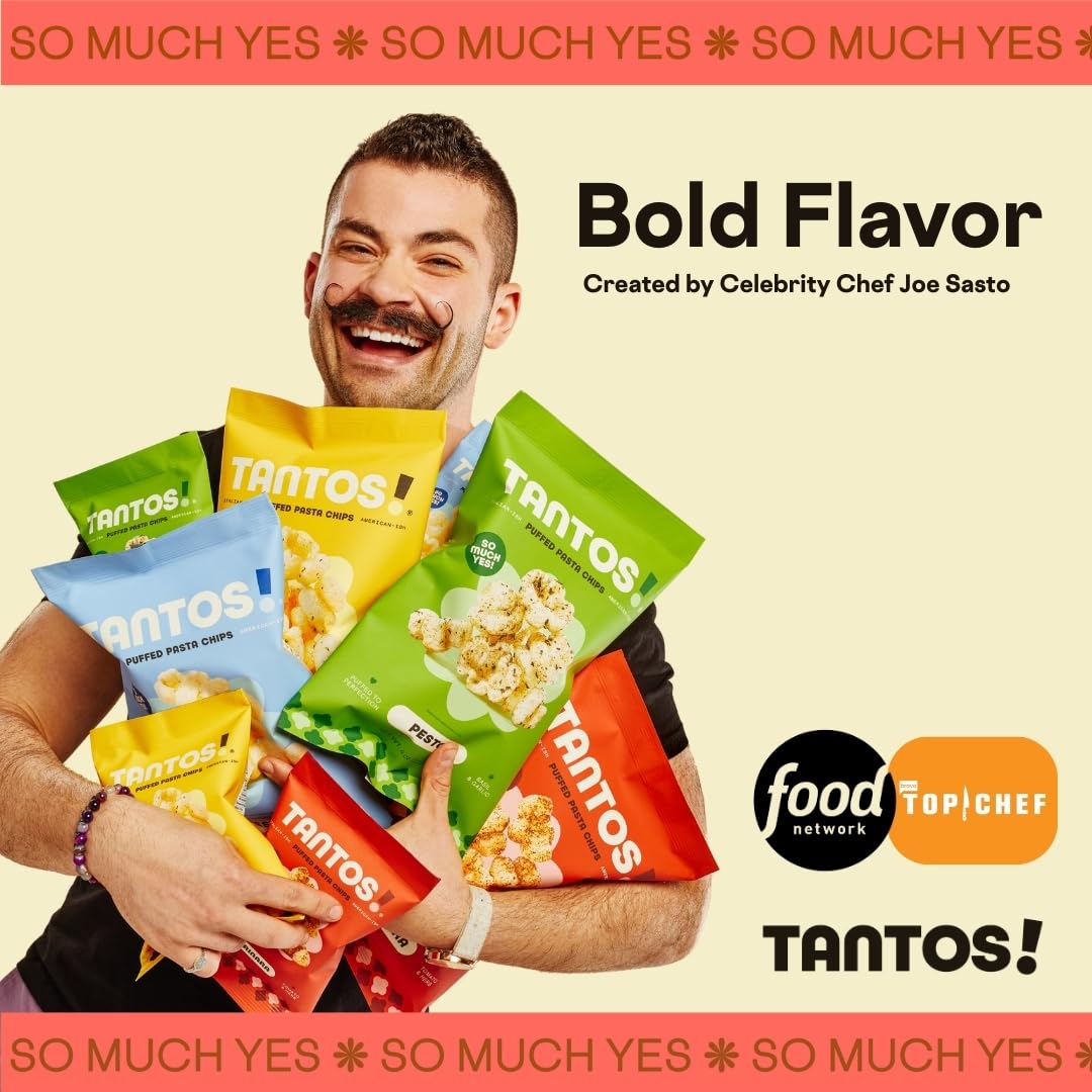 Tantos Puffed Pasta Chips Variety Pack – Pesto, Marinara, Cacio e Pepe, Classico | Plant-Based Low-Calorie Snack