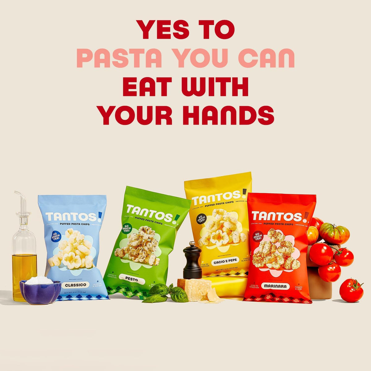 Tantos Puffed Pasta Chips Variety Pack – Pesto, Marinara, Cacio e Pepe, Classico | Plant-Based Low-Calorie Snack