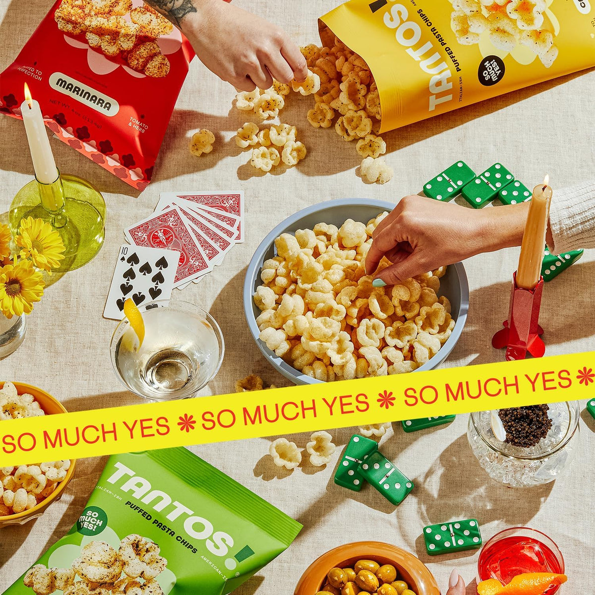 Tantos Puffed Pasta Chips Variety Pack – Pesto, Marinara, Cacio e Pepe, Classico | Plant-Based Low-Calorie Snack