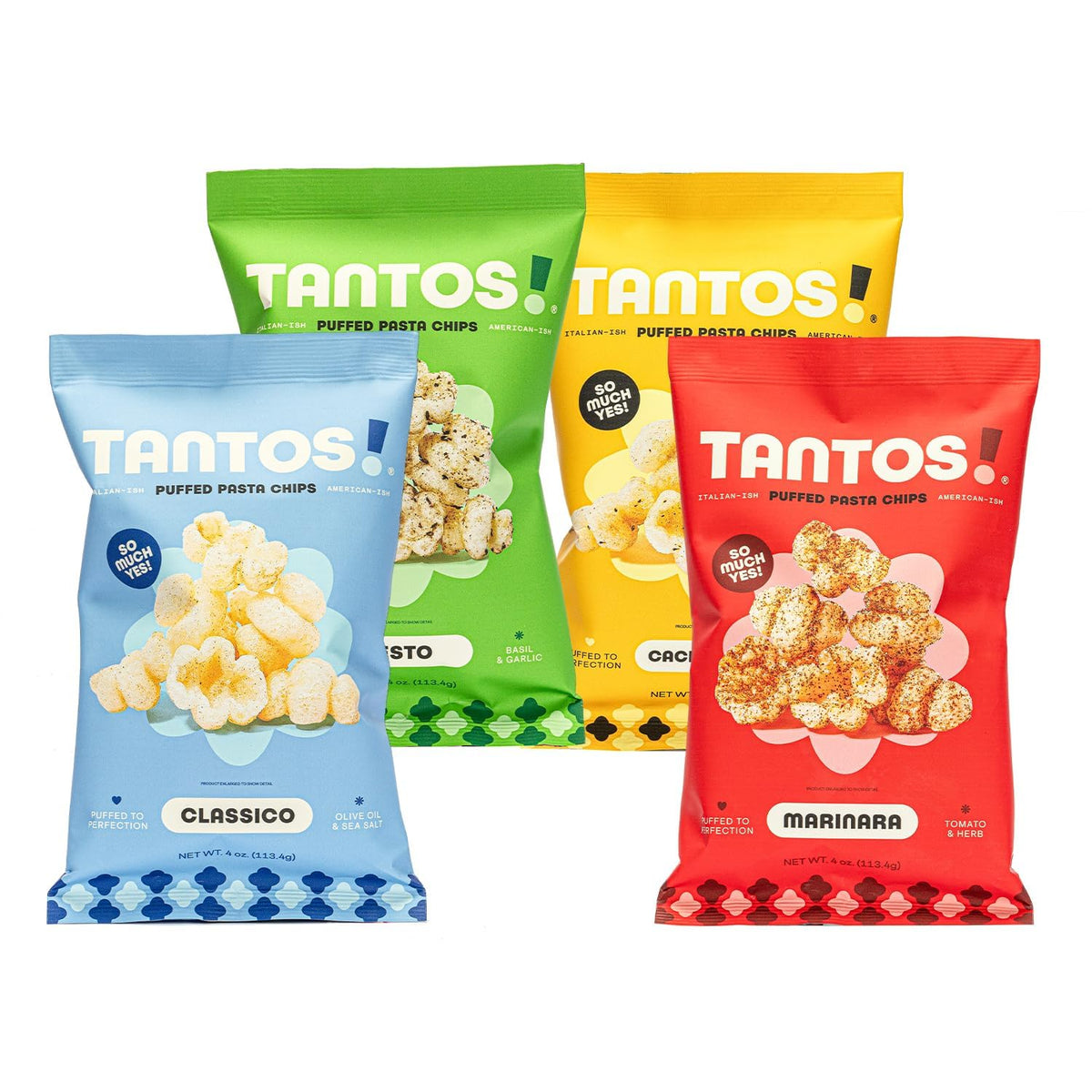 Tantos Puffed Pasta Chips Variety Pack – Pesto, Marinara, Cacio e Pepe, Classico | Plant-Based Low-Calorie Snack