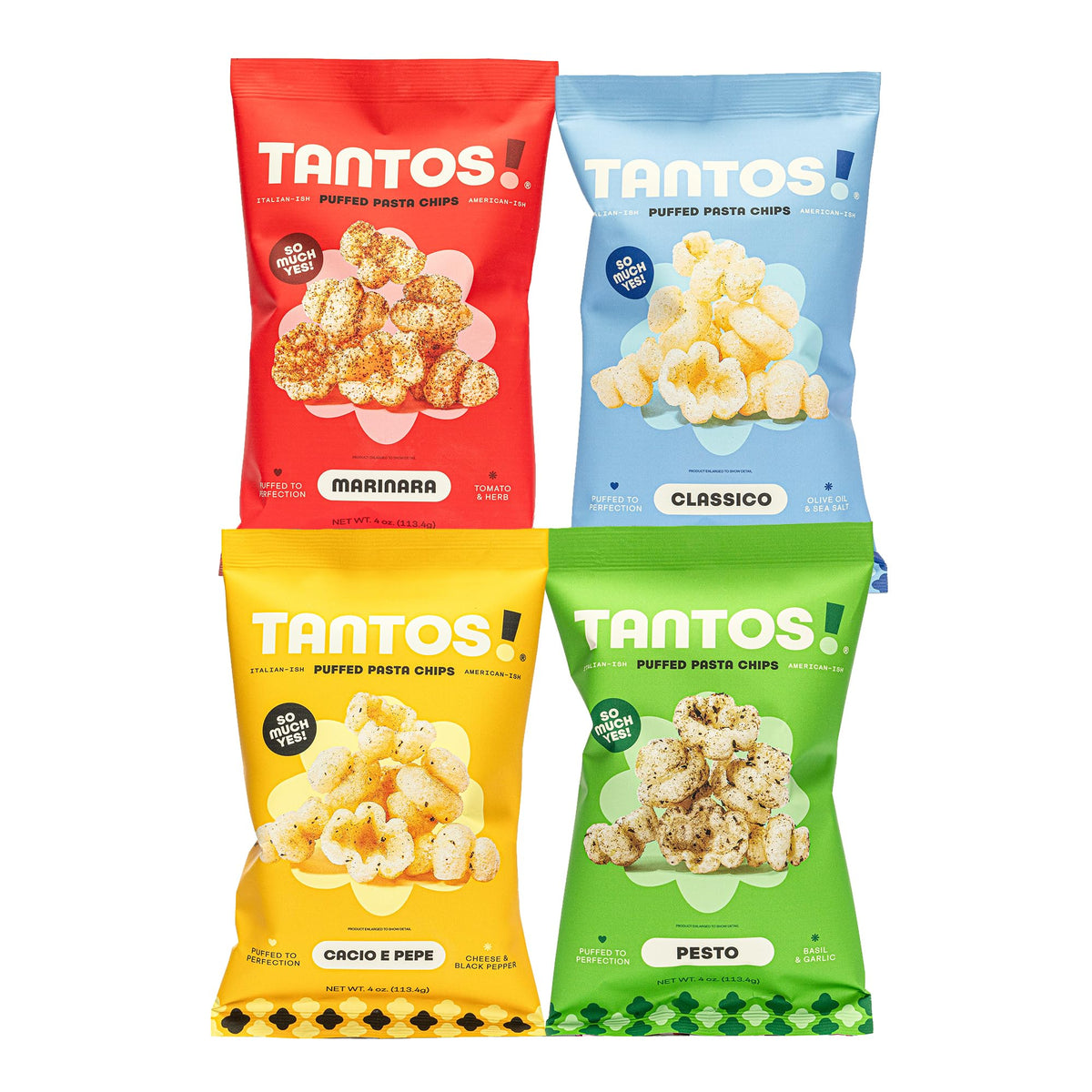 Tantos Puffed Pasta Chips Variety Pack – Pesto, Marinara, Cacio e Pepe, Classico | Plant-Based Low-Calorie Snack
