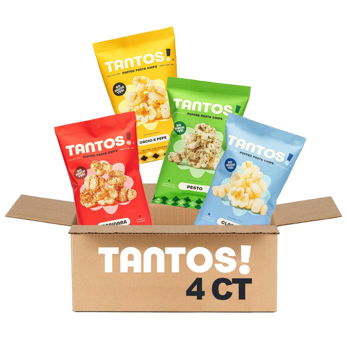 Tantos Puffed Pasta Chips Variety Pack – Pesto, Marinara, Cacio e Pepe, Classico | Plant-Based Low-Calorie Snack