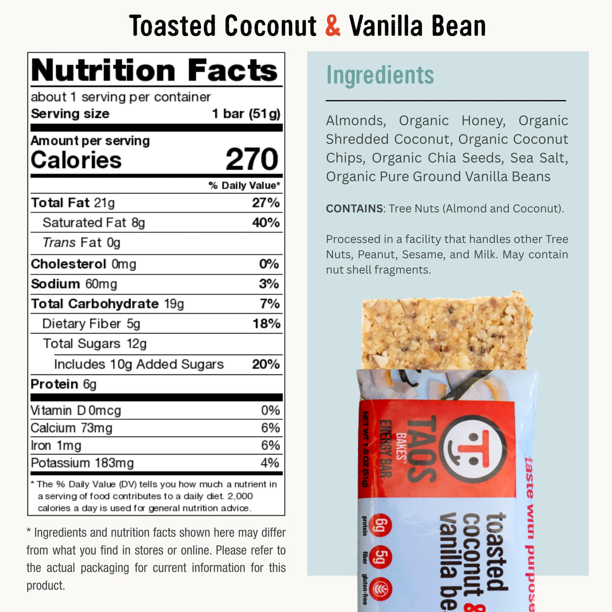 T Taos Bakes Toasted Coconut + Vanilla Bean Snack Bars – 12 Pack, 1.8 oz Each | 6g Fiber & Gluten Free