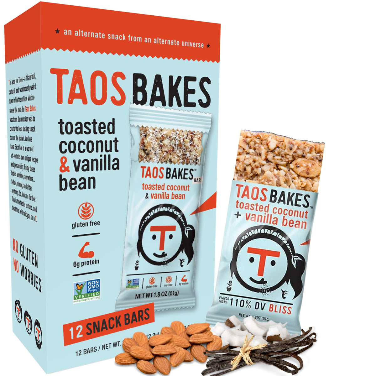 T Taos Bakes Toasted Coconut + Vanilla Bean Snack Bars – 12 Pack, 1.8 oz Each | 6g Fiber & Gluten Free