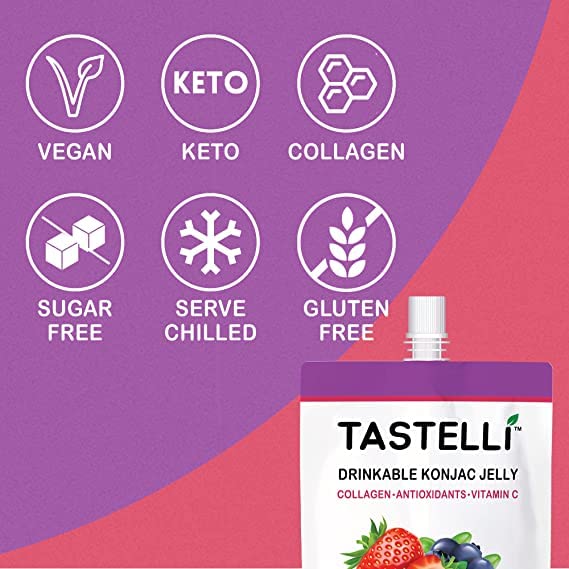 Tastelli Konjac Jelly with Collagen & Vitamin C – Gluten Free, Sugar Free, Low Calorie | Double Berry 150mL x10
