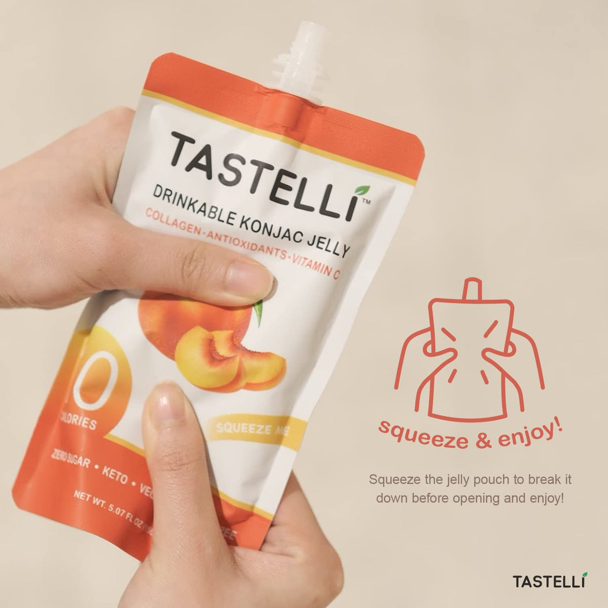 Tastelli Konjac Jelly Peach – Collagen + Vitamin C, Gluten Free, Sugar Free, Low Calorie | Vegan Drinkable Jelly Snack (150mL x 10)