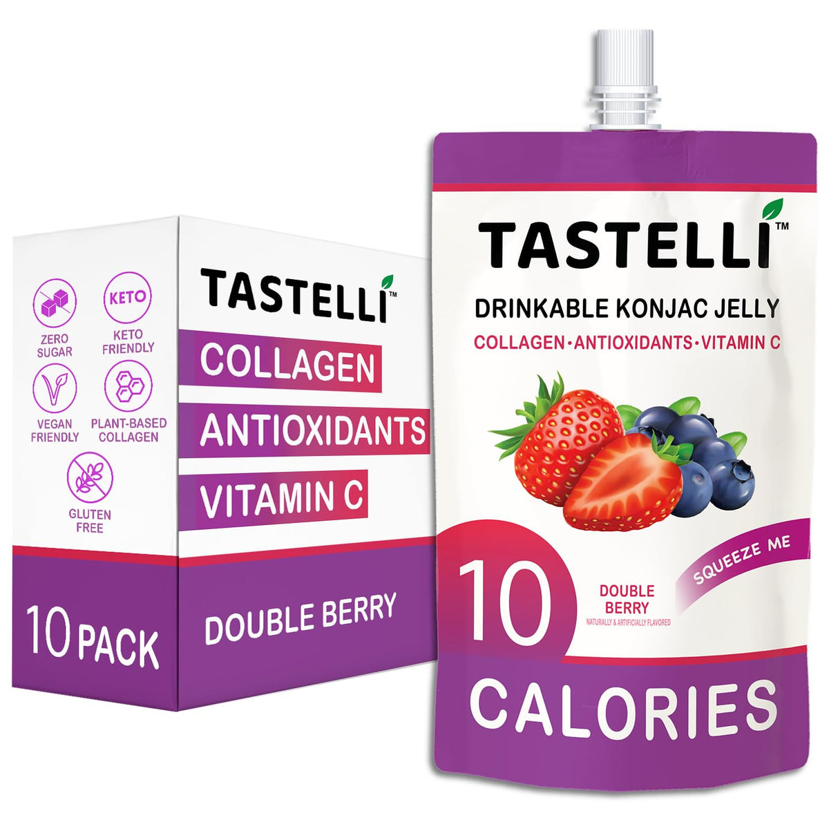 Tastelli Konjac Jelly with Collagen & Vitamin C – Gluten Free, Sugar Free, Low Calorie | Double Berry 150mL x10