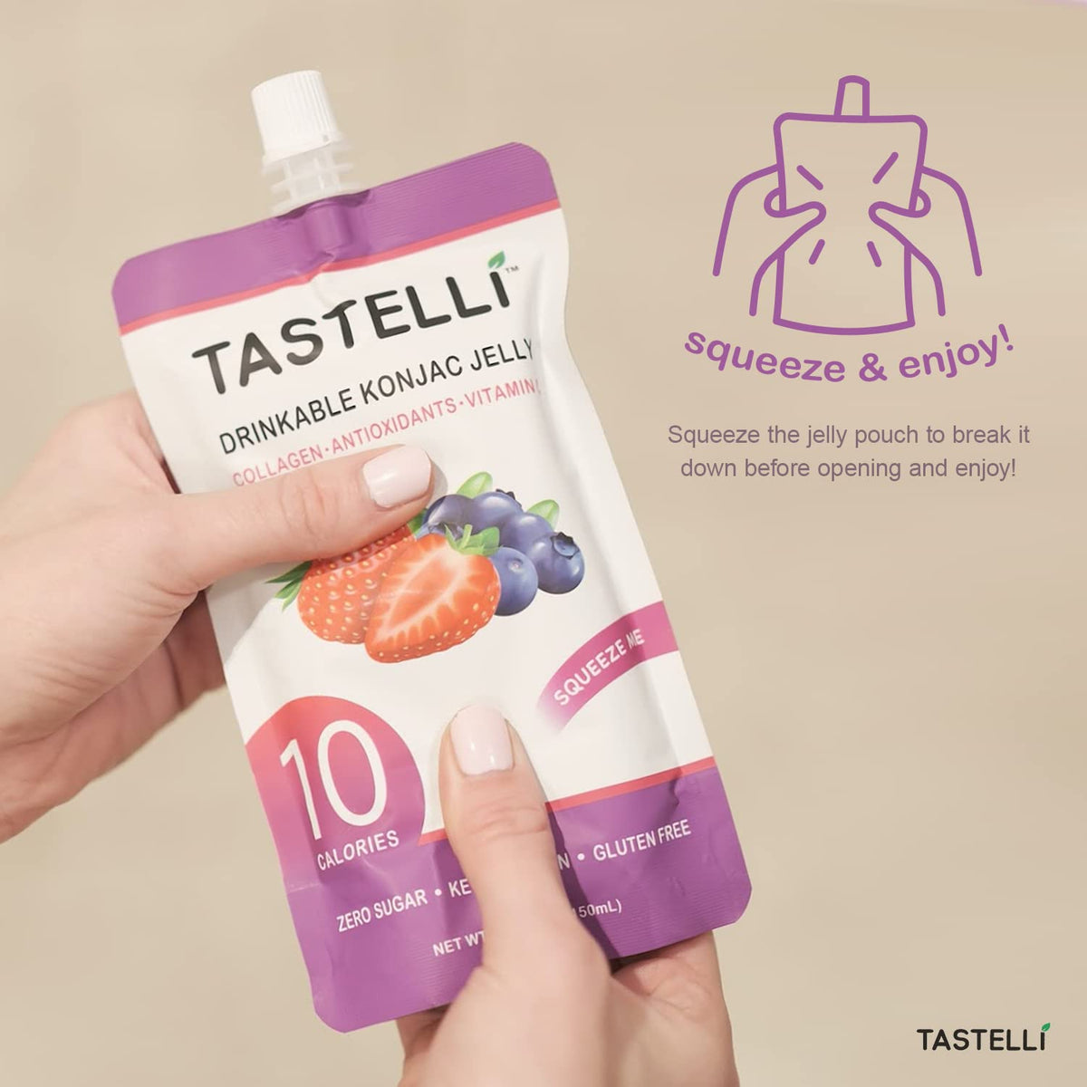Tastelli Konjac Jelly with Collagen & Vitamin C – Gluten Free, Sugar Free, Low Calorie | Double Berry 150mL x10