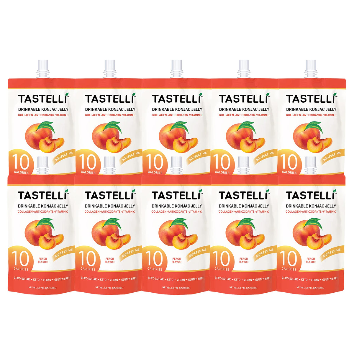 Tastelli Konjac Jelly Peach – Collagen + Vitamin C, Gluten Free, Sugar Free, Low Calorie | Vegan Drinkable Jelly Snack (150mL x 10)