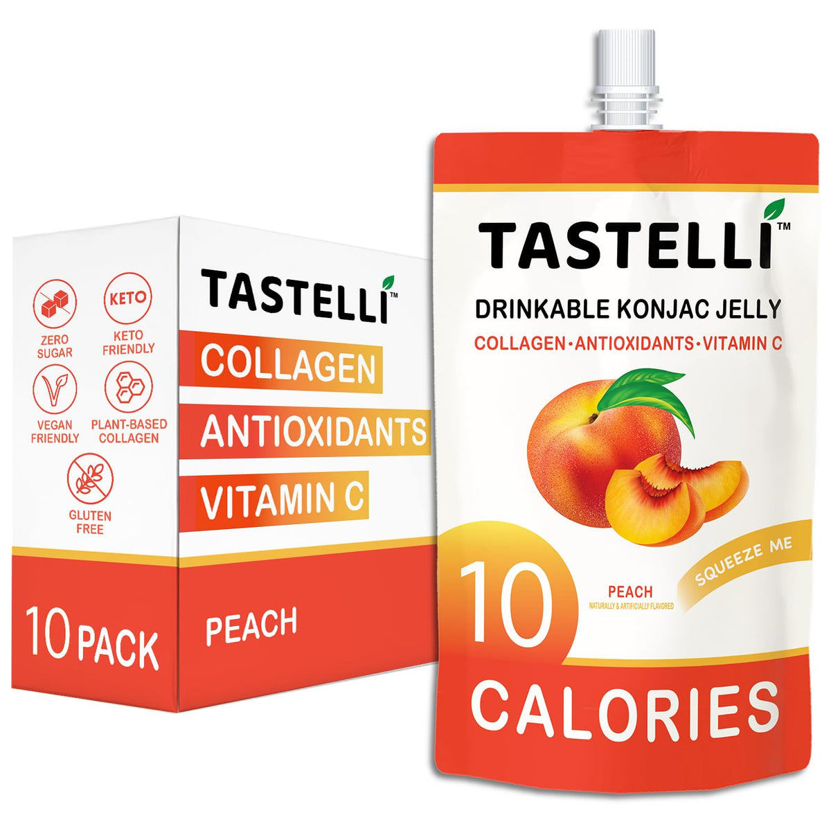 Tastelli Konjac Jelly Peach – Collagen + Vitamin C, Gluten Free, Sugar Free, Low Calorie | Vegan Drinkable Jelly Snack (150mL x 10)